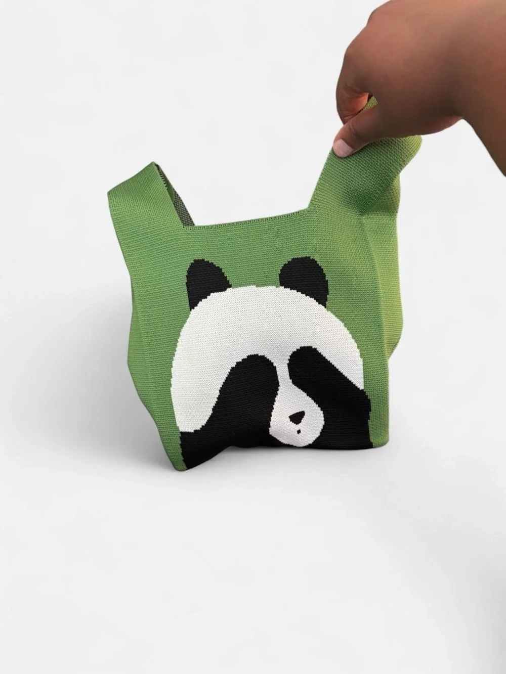 Green Panda Knit Tote Bag for Kids